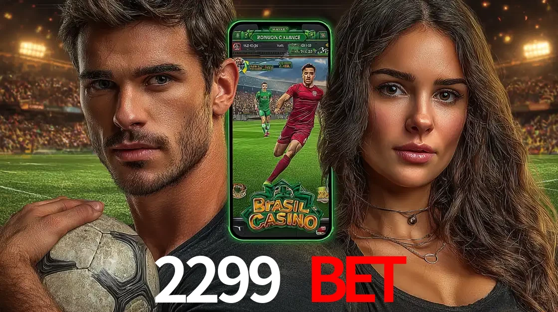 Homem segurando uma bola de futebol e uma mulher ao lado de um smartphone exibindo o jogo de apostas esportivas da 2299 BET. Faça seu palpite no cassino online.